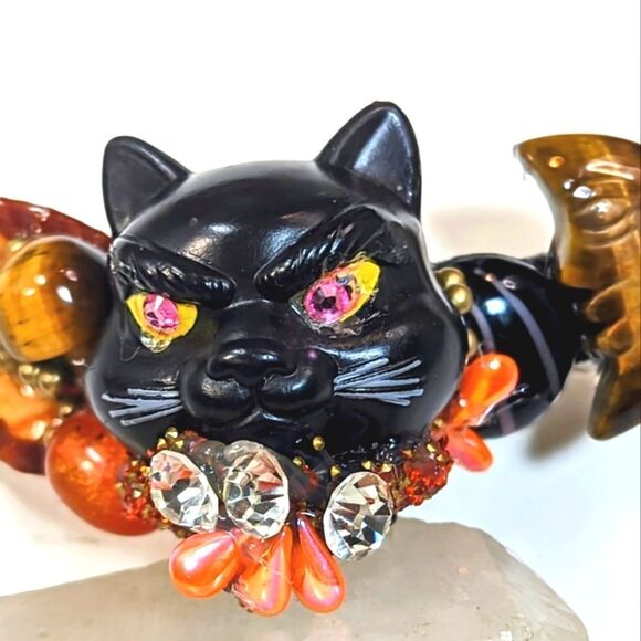 Wendy Gell Halloween barrette Black Cat, carved moon, mushroom, jeweled eyes. main image 3